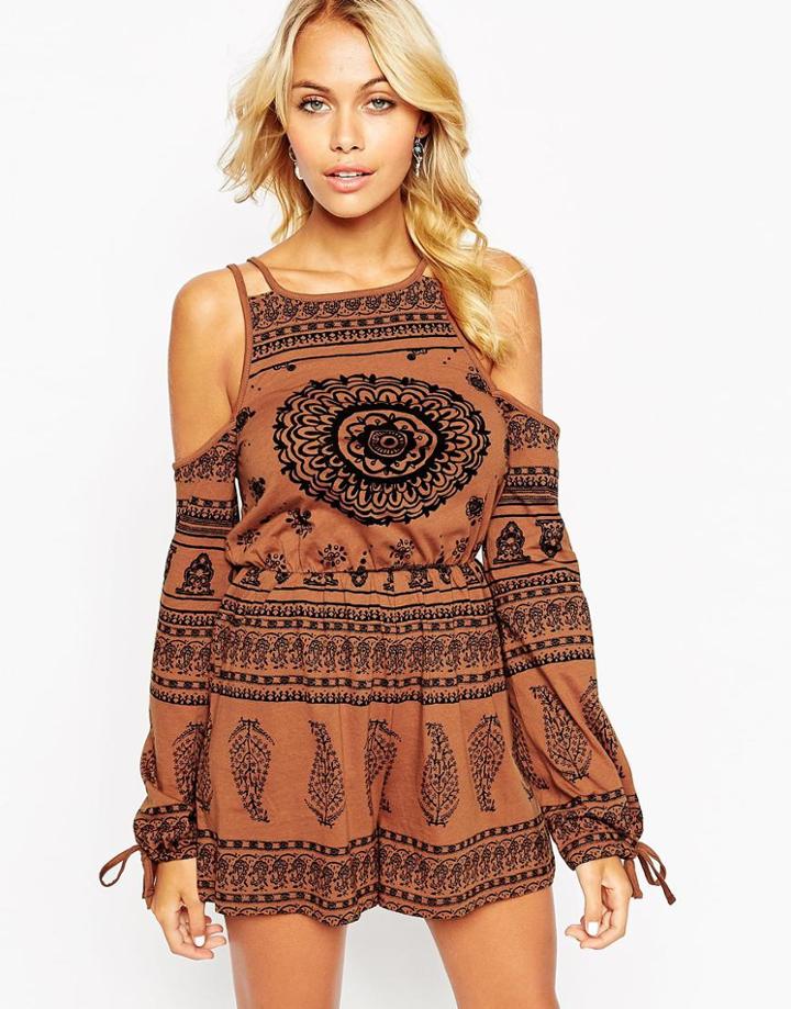 Asos Long Sleeve Romper In Placed Print - Rust