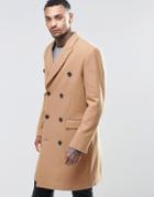 Asos Wool Mix Double Breasted Overcoat In Camel - Camel