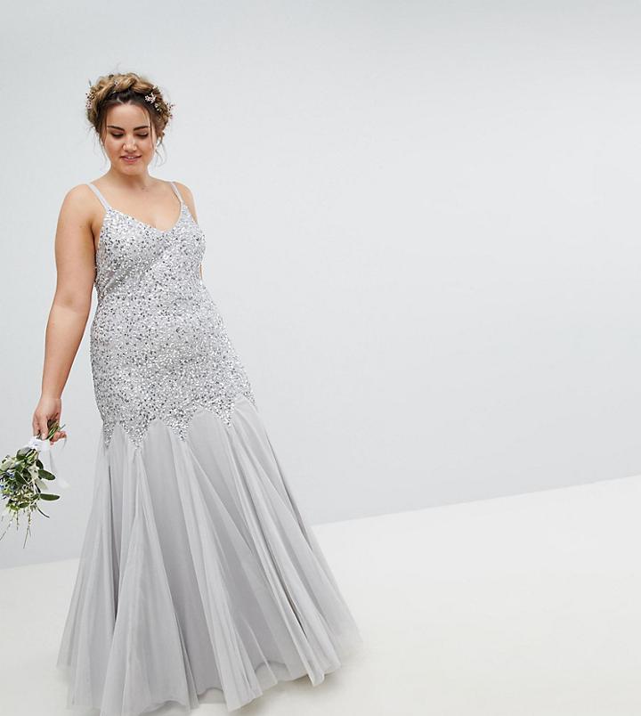 Maya Plus All Over Sequin Cami Strap Fishtail Maxi Bridesmaid Dress - Gray