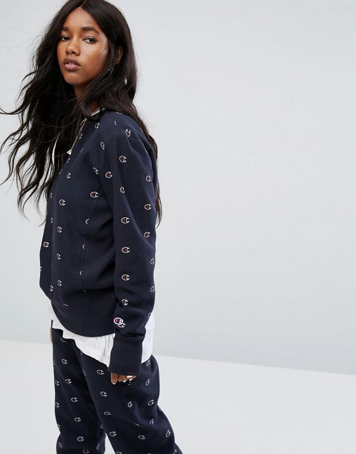 Champion Crew Neck Sweatshirt With All Over Logo Print - Navy