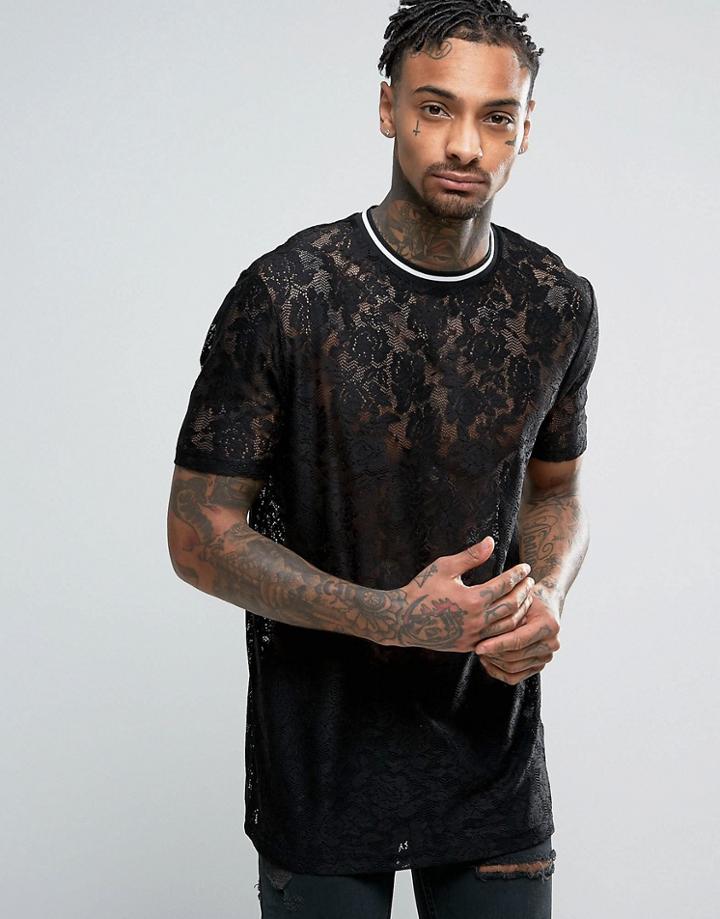 Asos Longline T-shirt In Lace - Black