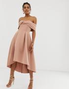 Asos Design One Shoulder Bardot Midi Prom Dress - Brown