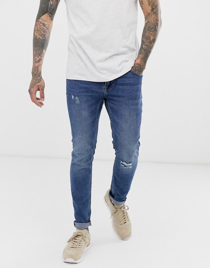Only & Sons Skinny Fit Knee Rip Jeans In Mid Blue Wash
