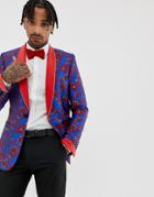 Asos Edition Skinny Blazer In Blue And Red Floral Jacquard And Shawl Lapel
