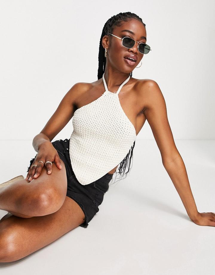 Stradivarius Crochet Halter Top In Ecru-white