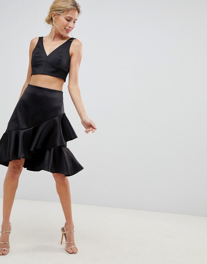 Closet London Premium Asymmetric Ruffle Front Skater Skirt-black