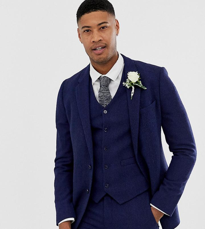 Asos Design Tall Wedding Skinny Suit Jacket In Blue Wool Blend Herringbone - Blue