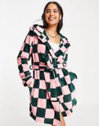 Asos Design Super Soft Checkerboard Fleece Robe In Pink & Green-multi
