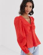 Asos Design Long Sleeve V Neck Broderie Top With Twist Front Detail - Red