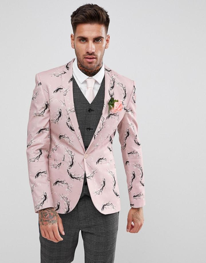 Asos Super Skinny Blazer In Pink With Blossom Print - Pink