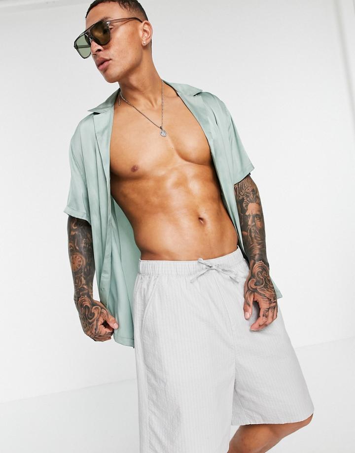 Asos Design Boxy Fit Shorts In Pastel Blue Seersucker-blues