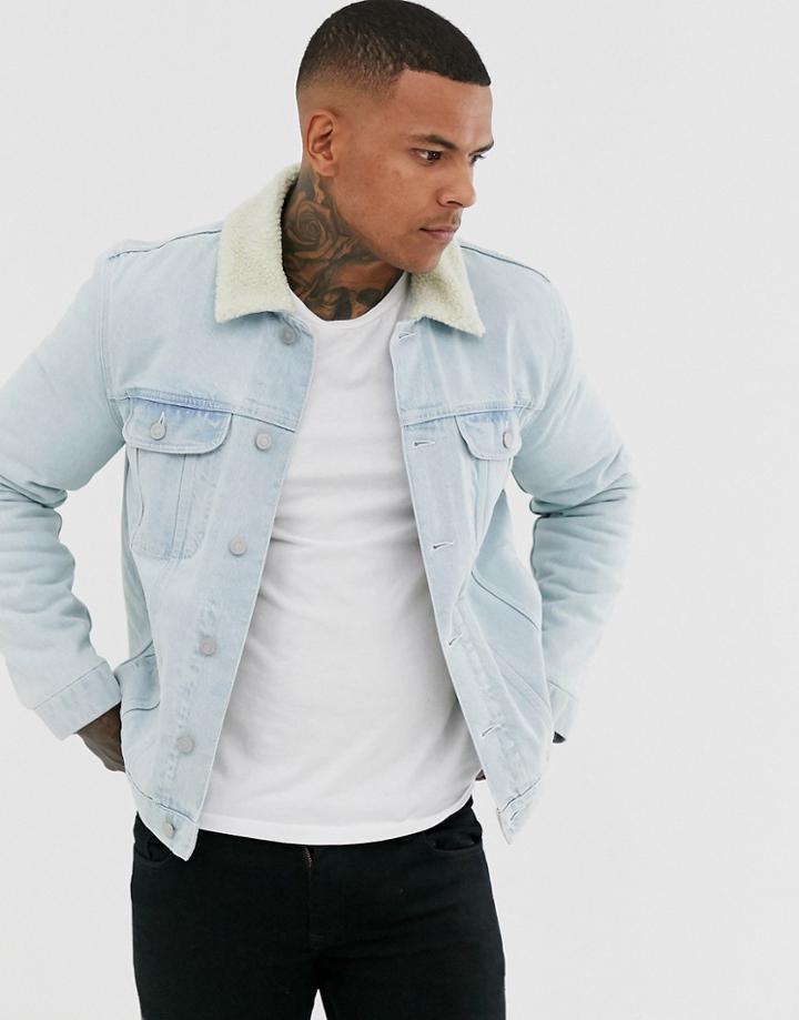 Asos Design Ecru Fleece Lined Denim Jacket In Light Wash-blue