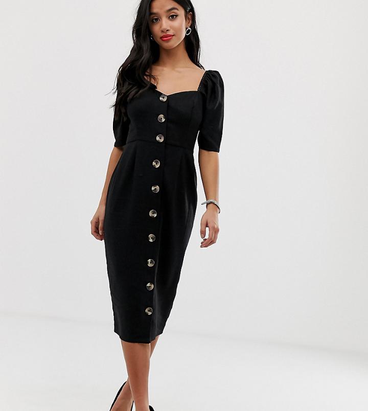 Asos Design Petite Linen Button Through Midi Dress With Sweetheart Neckline-black
