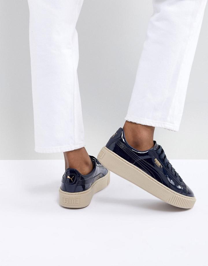 Puma Basket Heart Sneaker In Navy Patent - Navy