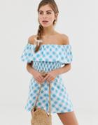 Asos Design Off Shoulder Ruffle Romper With Shirring In Gingham Print-multi
