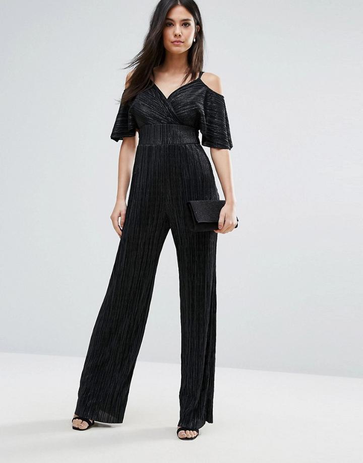 Love Pleated Wrap Front Jumpsuit - Black