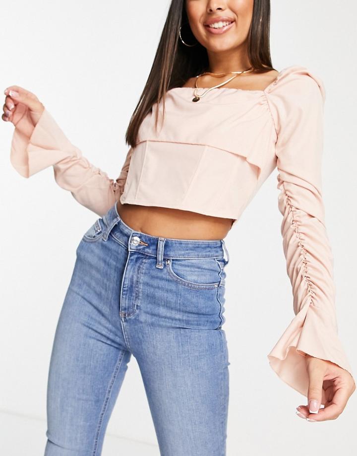 Femme Luxe Puff Long Sleeve Top With Drape Front In Blush-pink