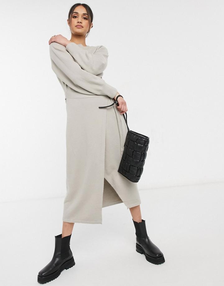 & Other Stories Tie Waist Puff Sleeve Knitted Midi Dress In Beige-neutral