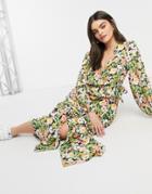 Asos Design Wrap Front Maxi Dress In Rose Bloom Print-multi