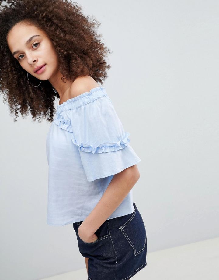 Bershka Off The Shoulder Frill Edge Top In Blue - Blue