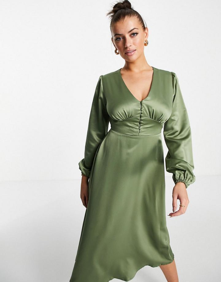 Flounce London Satin Buttoned Midi Dress In Khaki-blues