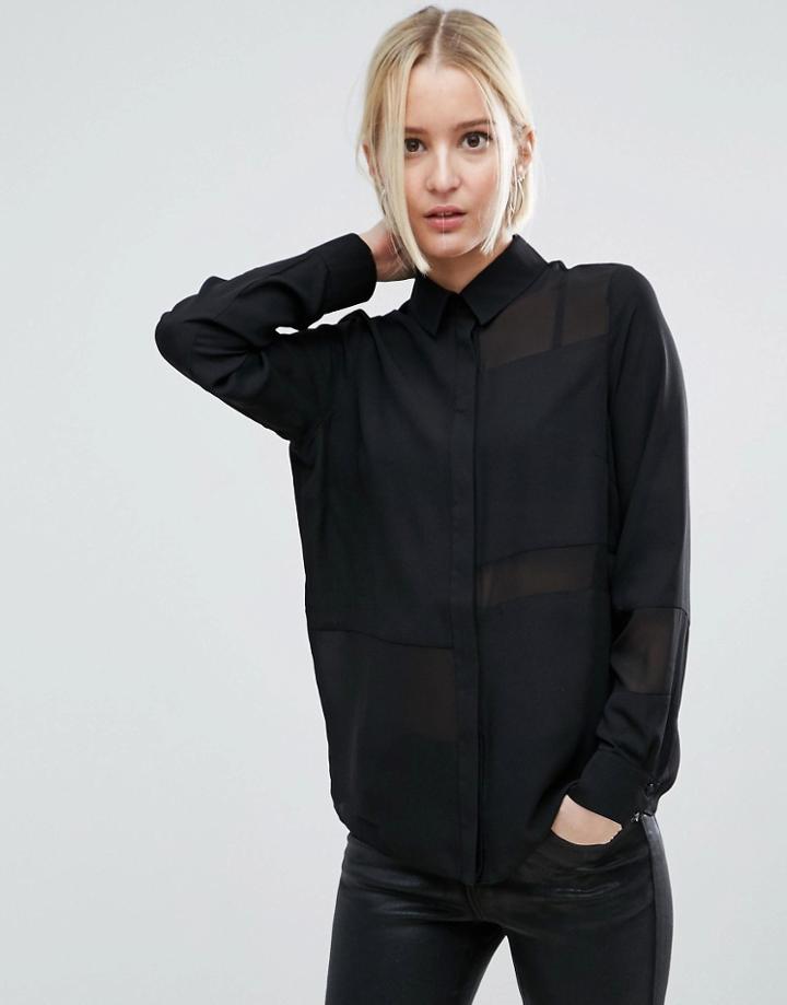 Asos Blouse With Sheer & Solid Panels - Black