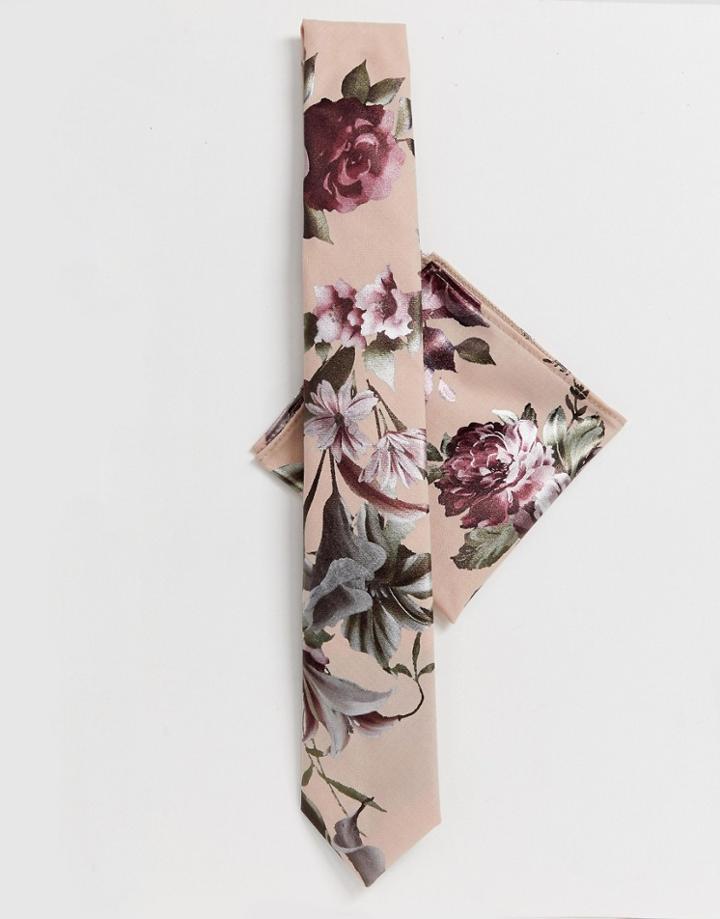 Twisted Tailor Tie And Pocket Square Set In Metallic Floral - Pink