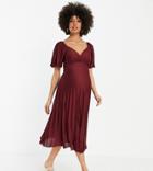 Asos Design Maternity Pleated Twist Back Cap Sleeve Midi Dress In Oxblood-red