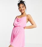 Asos Design Petite Cowl Neck Skinny Strap Romper In Pink