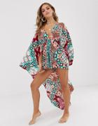 Asos Design Glam Cape Back Beach Romper In Scarf Print-red
