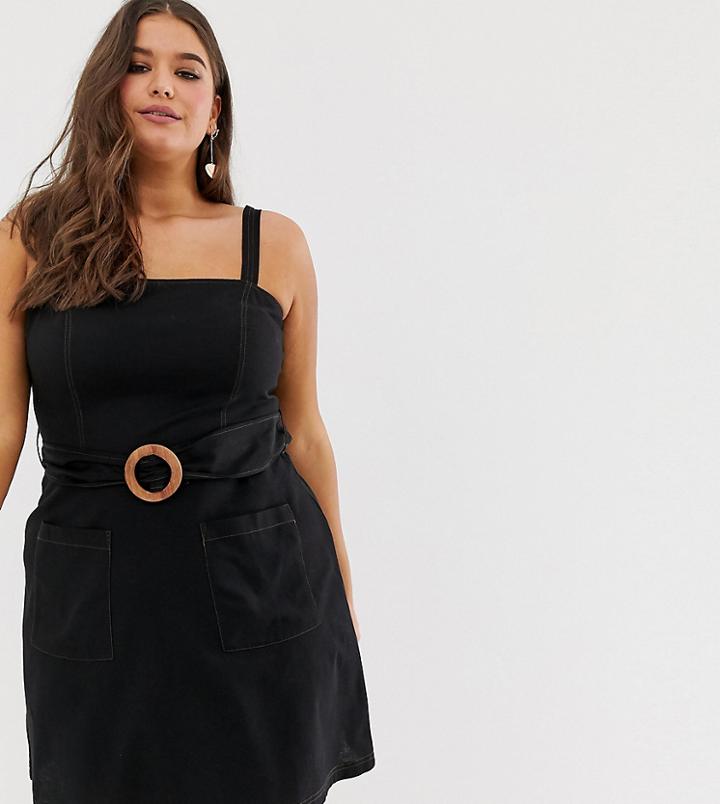 Asos Design Curve Square Neck Linen Mini Sundress With Wooden Buckle & Contrast Stitch-black