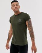 Bershka Muscle Fit T-shirt In Khaki With Chest Print - Green