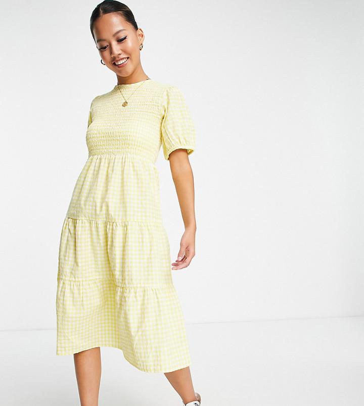 Influence Petite Tiered Midi Dress In Yellow Gingham