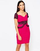 Vesper Loretta Cap Sleeve Pencil Dress With Lace Peplum Detail - Pink