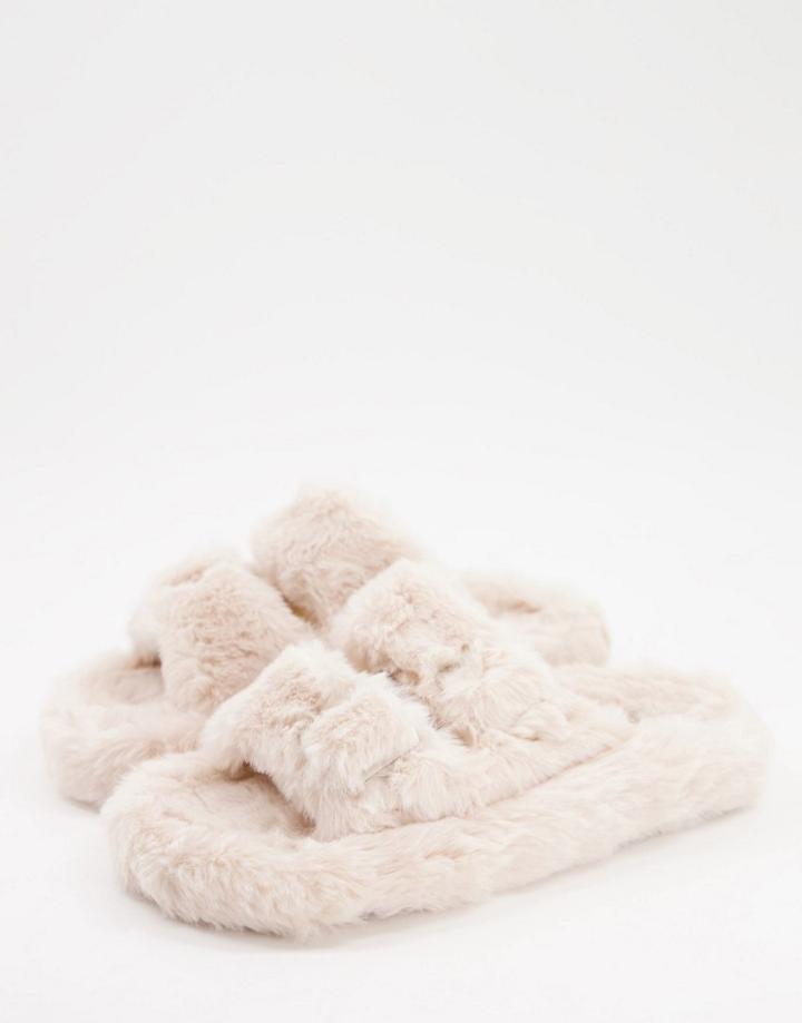 Simmi London Lotus Fluffy Buckle Slippers In Beige-neutral