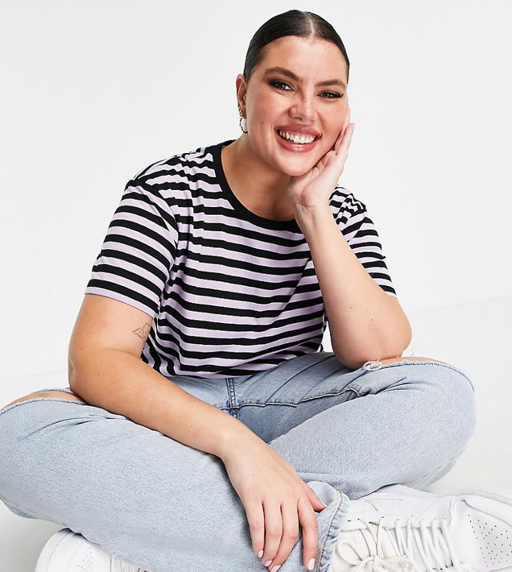 Asos Design Curve Boxy T-shirt In Black And Lilac Stripe-multi