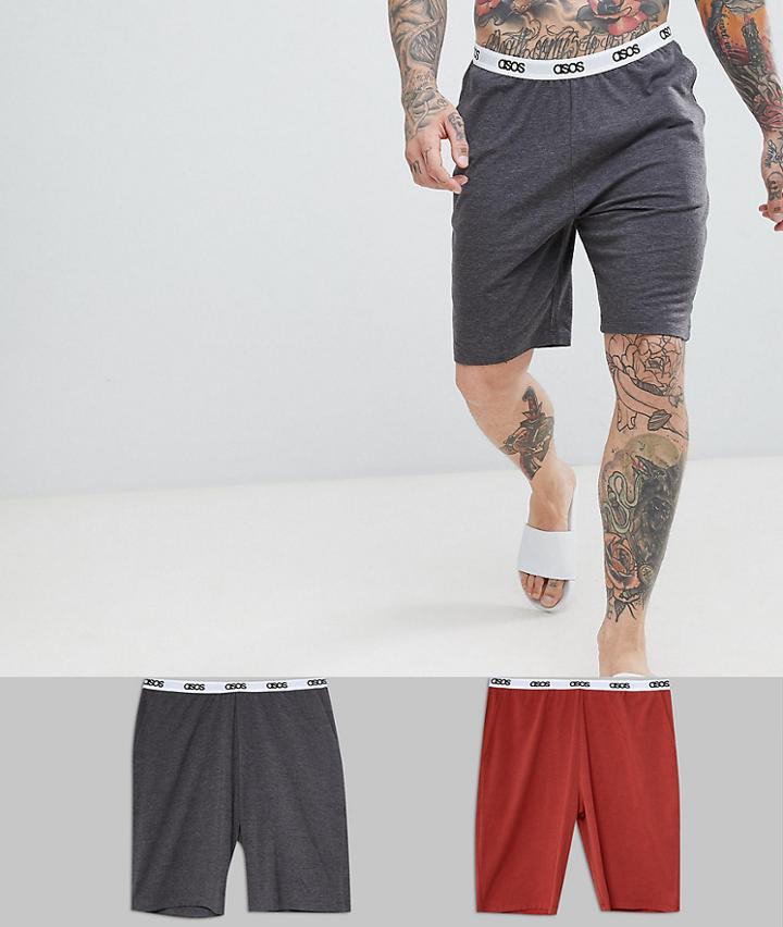 Asos Design Pyjama Shorts In Gray & Rusty Red 2 Pack - Multi