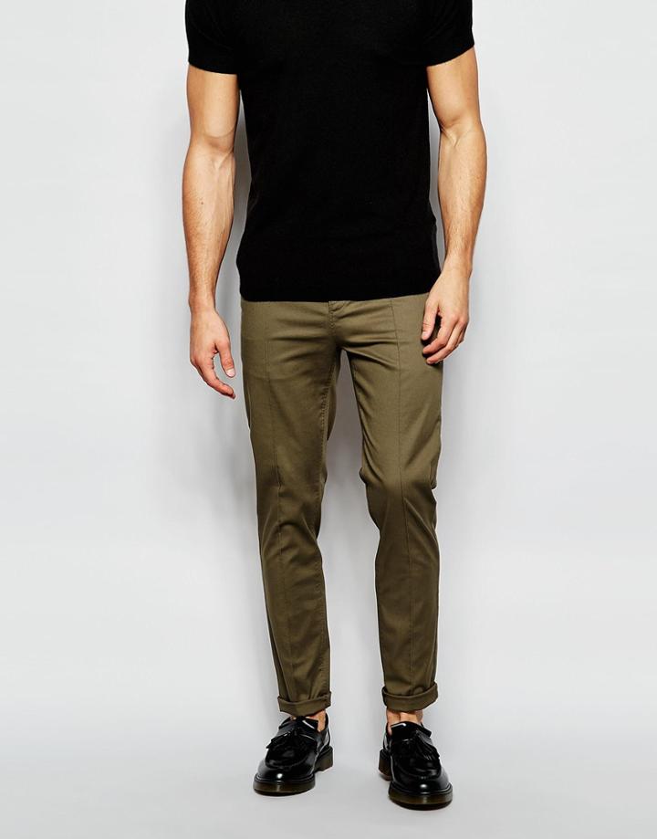 Asos Skinny Chinos With Pleat In Khaki - Khaki