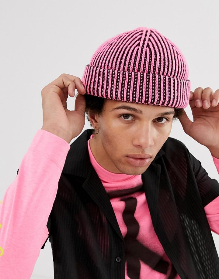 Asos Design Fisherman Beanie With Two Tone Rib In Pink