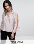 Asos Curve Longline Cold Shoulder Satin Swing Top With Deep Plunge - Pink