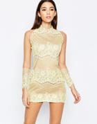 True Decadence Premium Allover Lace Dress With High Neck - Yellow
