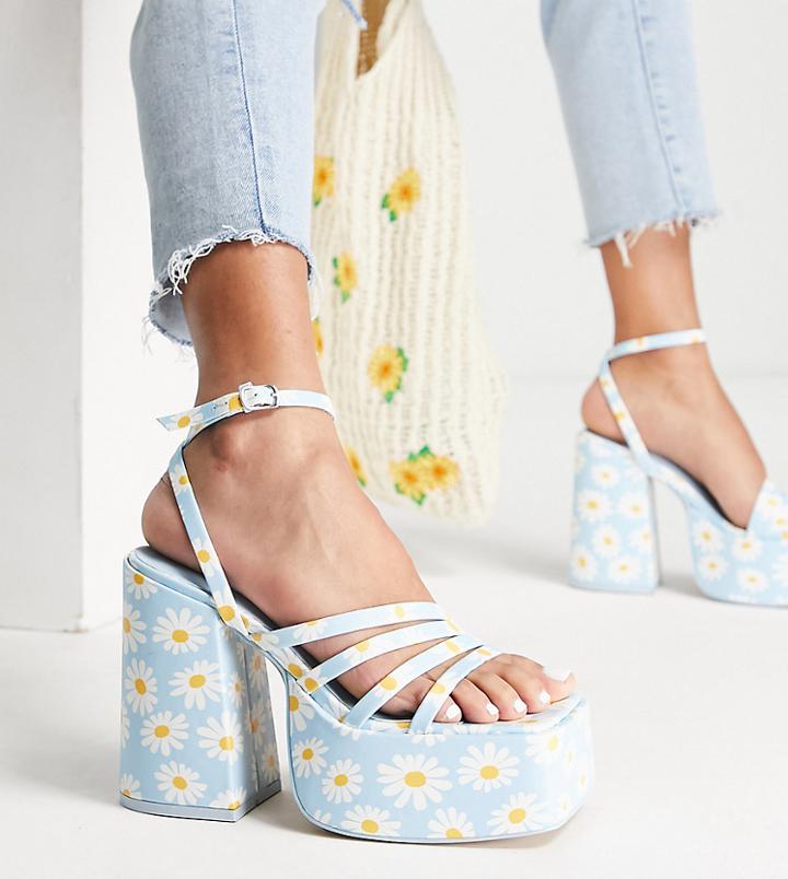 Daisy Street Exclusive Platform Heeled Sandals In Blue Daisy Print