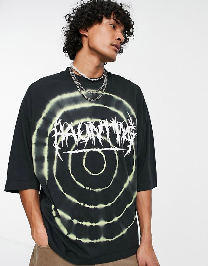 Asos Design Oversized T-shirt In Black Circle Tie Dye With Text Print