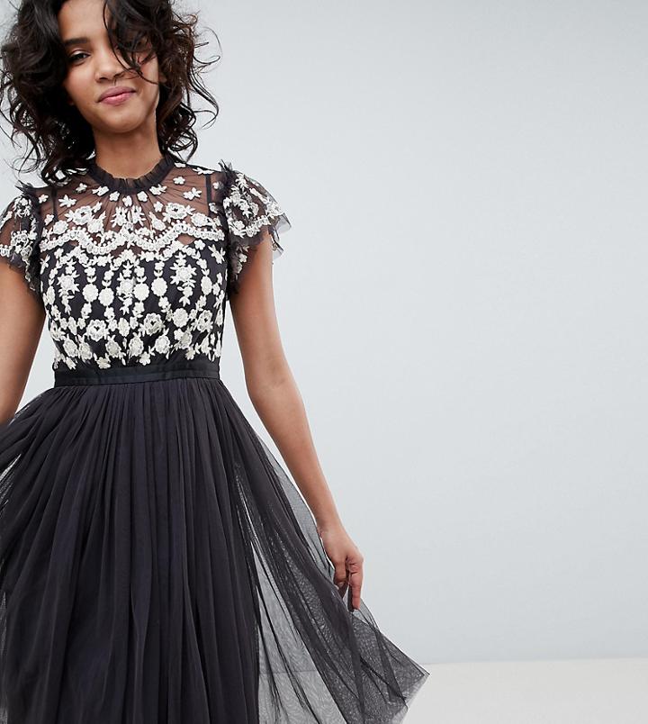 Needle & Thread Embroidered Bodice Tulle Midi Dress In Graphite-multi