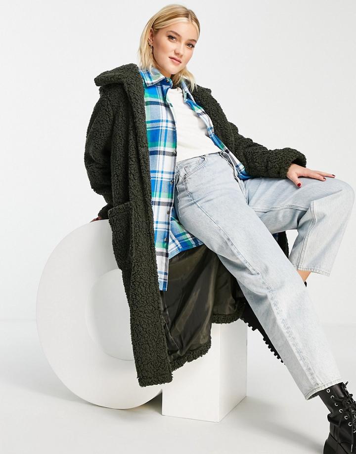Brave Soul Heavenly Longline Coat In Borg-green