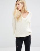 Noisy May Deep V-neck Oversize Knit Sweater - White Asparagus