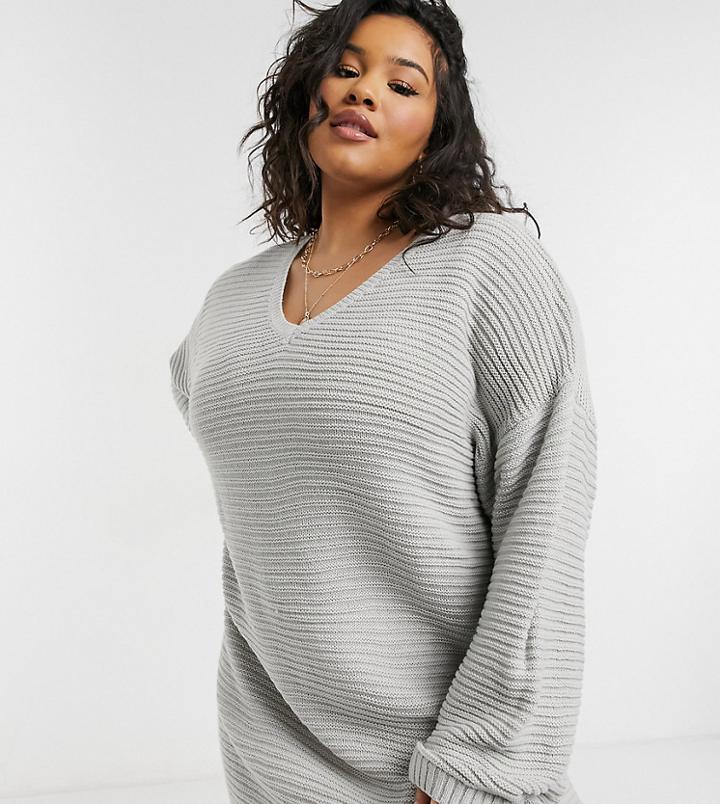 Missguided Plus Ribbed Sweater Dress In Gray-grey