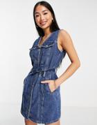 Only Kendra Belted Denim Midi Dress In Medium Blue