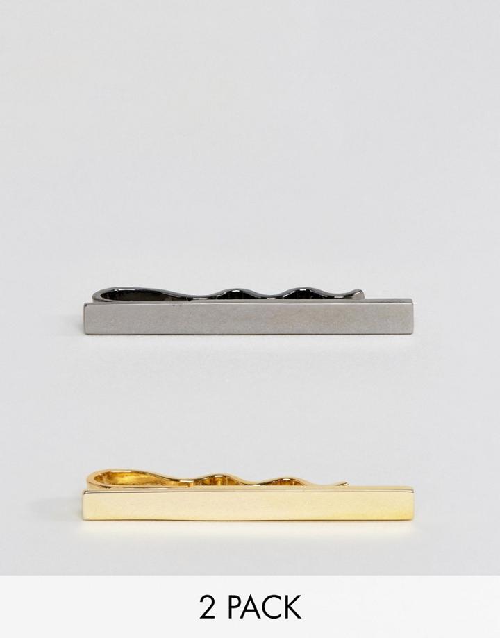 Asos 2 Pack Super Skinny Tie Bar In Gold Plated And Gunmetal - Multi