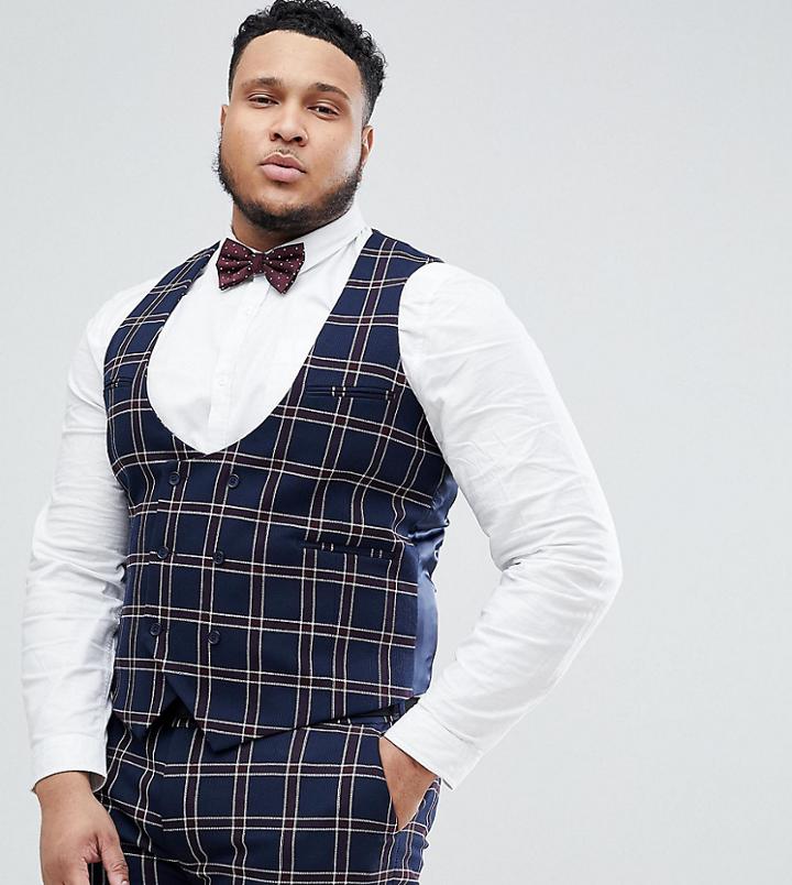 Asos Design Plus Wedding Super Skinny Suit Vest In Navy Waffle Check - Navy